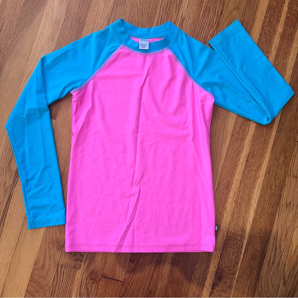 City Threads Girls Size 14 UPF 50+ Color Block Long Sleeve Swim Top USA Made